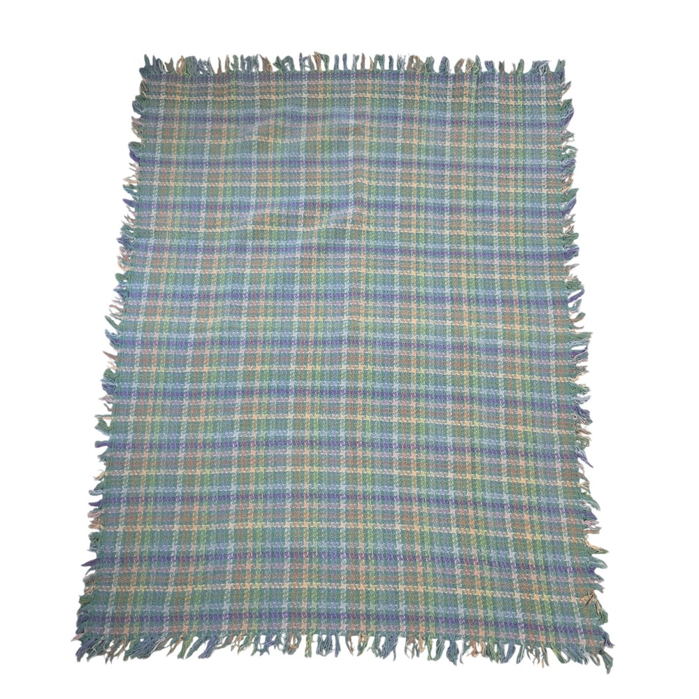 Vtg Style Woven Plaid Throw Blanket Table Cover Fringed Green Purple Blue 53x42